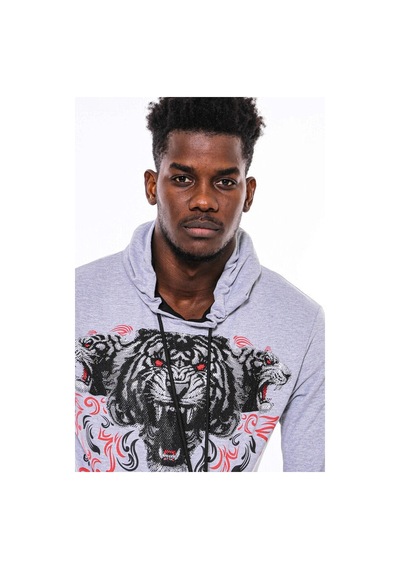 Wessi Gri Taşlı Baskılı Kapşonşlu Sweatshirt Gri
