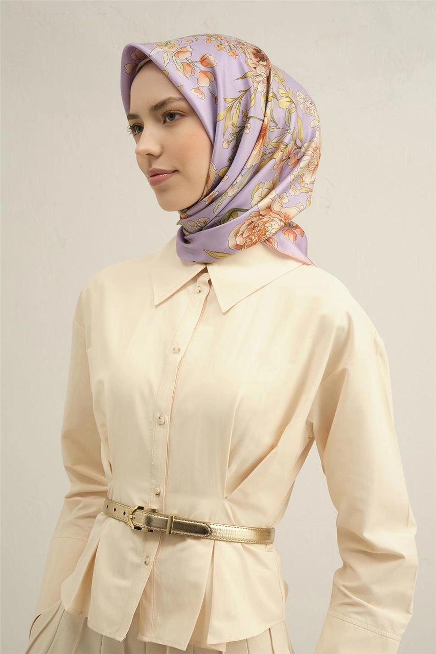 Armine Çiçek Desenli Saf İpek Twill Eşarp 9347d 50 Lila
