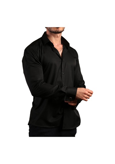 Dicotto Siyah 8 Drop Ekstra Uzun Kol Dar Kesim Micro Kumaş Kol Düğmeli Slim Fit Erkek Gömlek - 197-6 001