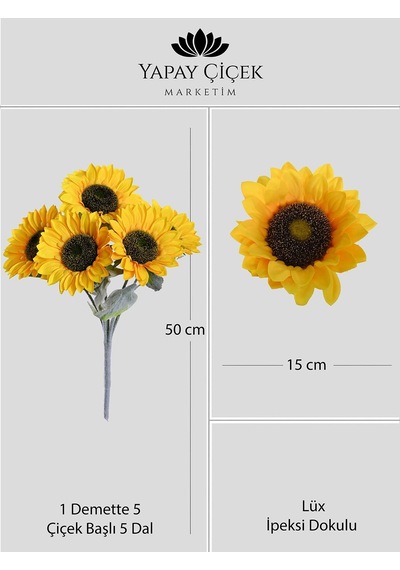 Sarı Yapay Ay Çiçeği 5 Dallı Lüx İpeksi Dokulu 50 Cm
