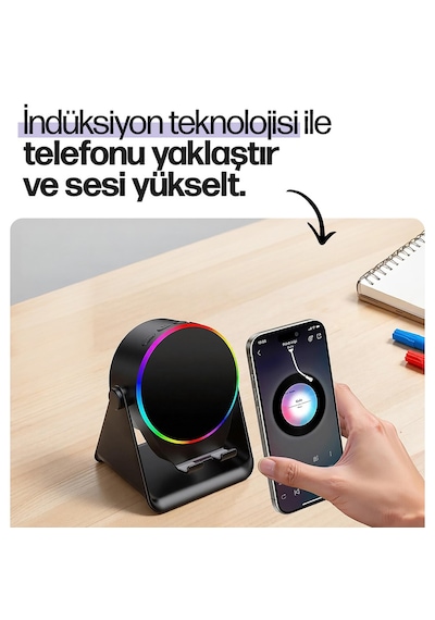 Enkado Ekd-s10 5in1 Kablosuz Şarjlı Bluetooth Hoparlör 5w 2000 Mah Batarya, Rgb Işıklı, Wireless Indüksiyon Speaker Siyah