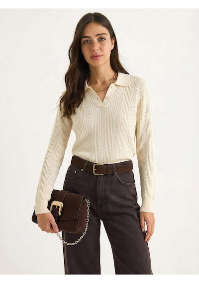 Shade Kadın Polo Yaka Patlı Regular Fit Triko Kazak 20258063 - Krem