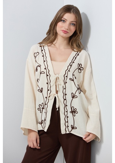 Fullamoda Nakışlı Önü Bağcıklı Keten Görünümlü Kimono Bej