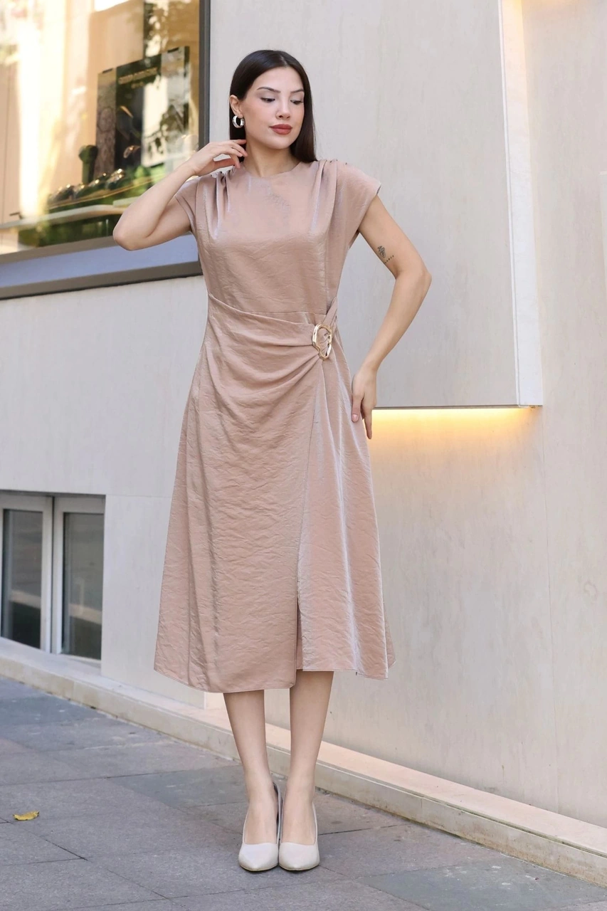 Lodmela Toka Ve Drape Detaylı Soft Saten Midi Elbise 6042-bej Bej