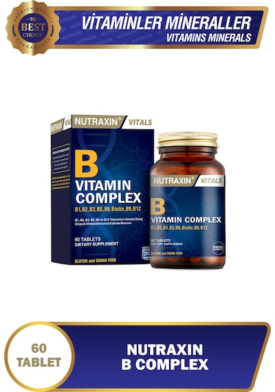 Nutraxin B Complex Vitamin 60 Tablet - B1, B2, B3, B5, B6, B12, Folik Asit, Biotin, Kolin, İnositol