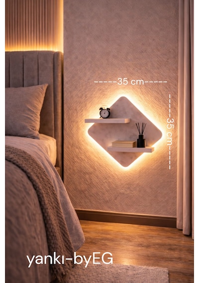 Yankı-byeg Mat Beyaz Mdf Led Işıklı Elektrik Bağlantılı Uçan Duvar Rafı Aydınlatma Dekoratif Raf Beyaz