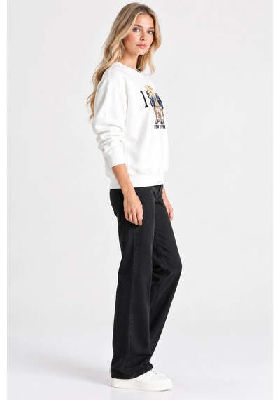 Mevese Kadın Beyaz Teddy Nakışlı Bisiklet Yaka Sweatshirt - Peluş Kabartma Nakış Detaylı Rahat Kesim Sweat-