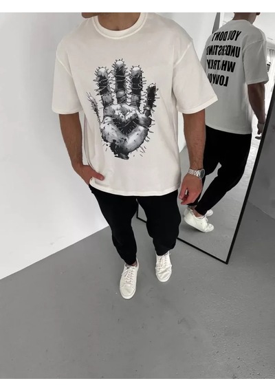 Modi Unisex Bisiklet Yaka Baskılı Oversize T-shirt - Beyaz - Mymg106725