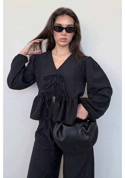 Madmext Siyah Önü Bağlamalı Bluz Pantolon Takımı Mg2343 Siyah