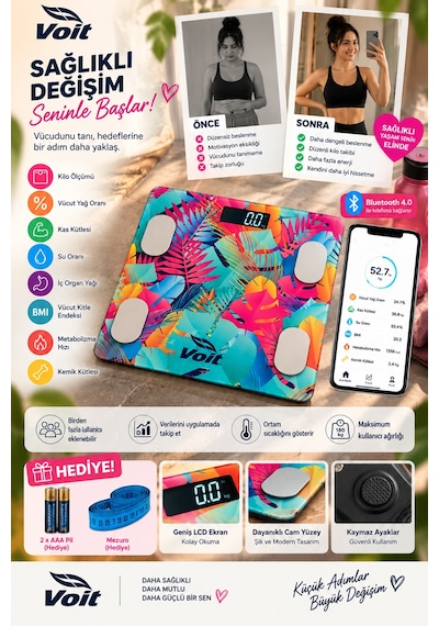 Voit Colorful Bluetooth Baskül Dijital Akıllı Tartı Yağ Ölçer Tartı