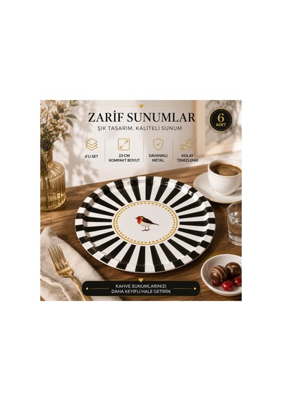 6 Lı Metal Sunum Tepsisi 23 Cm Yuvarlak Siyah Beyaz Desenli Çay Kahve Servis Tepsisi Seti Siyah - 914027353 Siyah