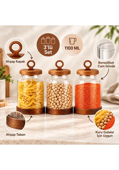 3'lü 1100 Ml Borosilikat Cam Erzak Kavanozu Seti Ahşap Kapaklı Diğer