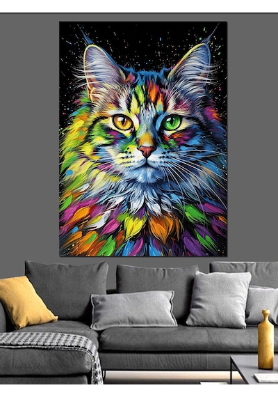 Ahşap Tablo Renkli Saykodelik Kedi Yüzü
