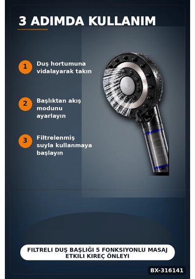 Filtreli Duş Başlığı 5 Fonksiyonlu Masaj Etkili Kireç Önleyici Banyo Başlığı Siyah Bx-316141 Diğer