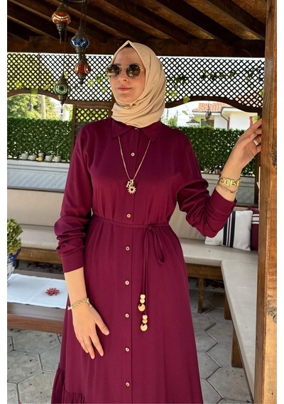 Rabia Şamlı Süreyya Gömlek Elbise Bordo Normal