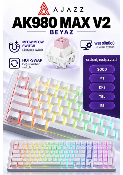 Ajazz Ak980 Max V2 8000 Hz Manyetik Rgb Oyuncu Klavyesi Beyaz Meow Meow