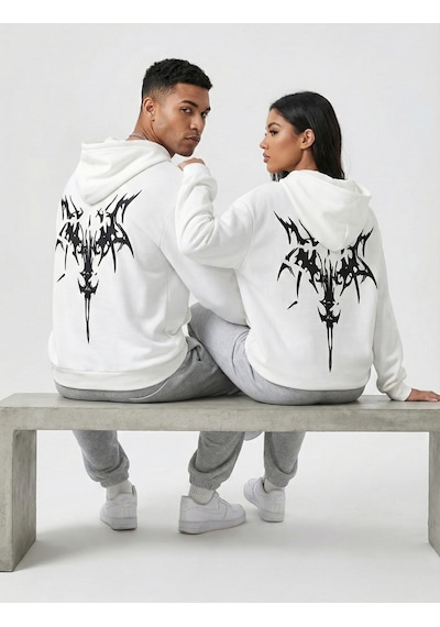 Unisex Oversize Hoodie Grafik Sembol Baskılı Beyaz