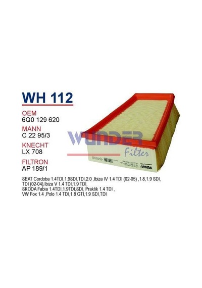 WUNDER WH112 HAVA FİLTRESİ - VOLKSWAGEN POLO 1.4 TDI