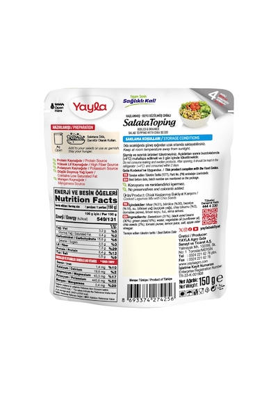 Yayla Haşlanmış Suyu Süzülmüş Chialı Salata Toping 150 G