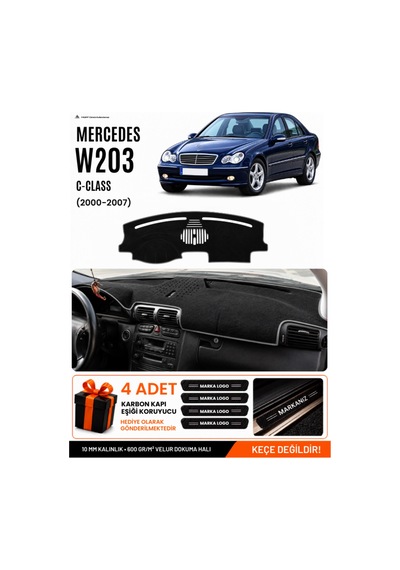 Mercedes W203 C-class 2000-2007 Uyumlu Torpido Örtüsü, Torpido Kılıfı - Siyah Gri