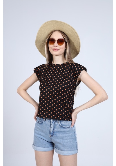 Neslice Kadın Puantiyeli Vatkalı T-Shirt Siyah
