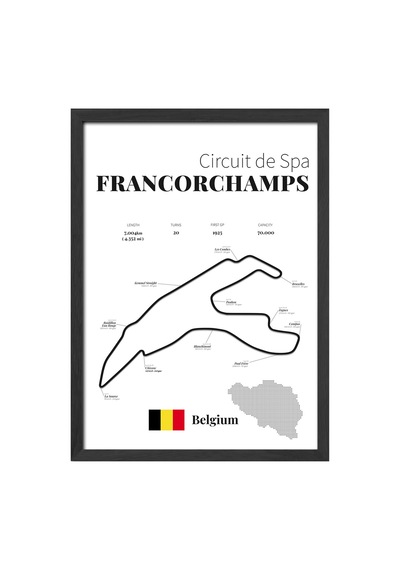 Francorchamps Formula 1 Siyah Ahşap Çerçeveli Poster, Dekoratif Harita Duvar Tablosu