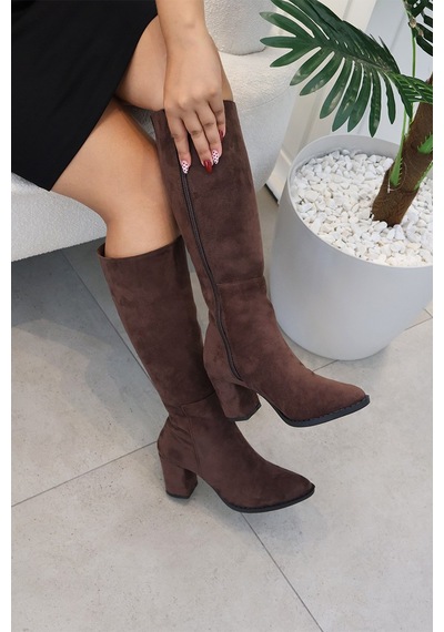 Asmi Shoes Kadın Lamor Kahve Süet 7 Cm Topuklu Yandan Fermuarlı Diz Altı Çizme 400