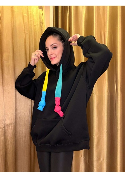 Ali Butik Renkli Kordon Detaylı Siyah Sweatshirt Siyah