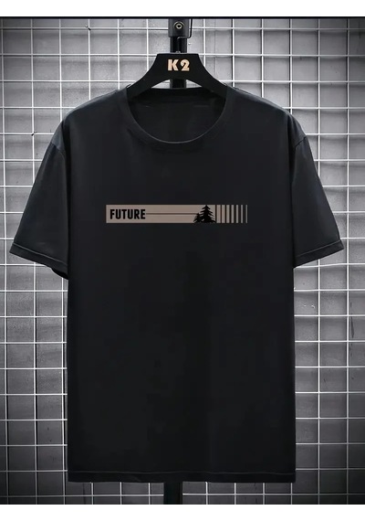 Erkek Tişört Futre Baskılı Kısa Kol Bisiklet Yaka T-shirt - Siyah
