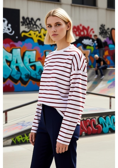 Benerly Kadın Bisiklet Yaka Düşük Kol Çizgili Örme Geniş Kesim Sweatshirt Ekru