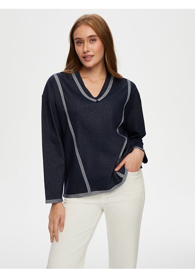 Faik Sönmez V Yaka Ters Dikiş Detaylı Sweatshirt W26swt002 Uw26swt00227 İndigo