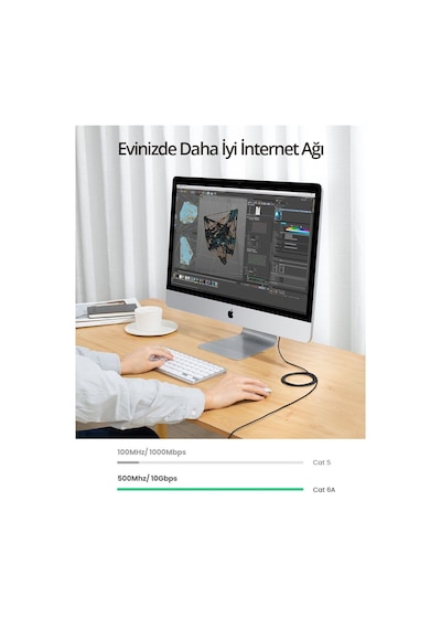 Ugreen Cat6a Slim 10 Gbps Ethernet Kablosu 5 Metre, Siyah, 70654