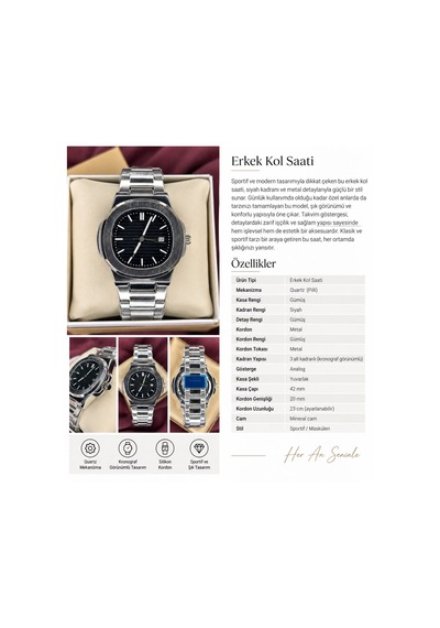 Patek Philippe Siyah Kadran Erkek Kol Saati Gümüş