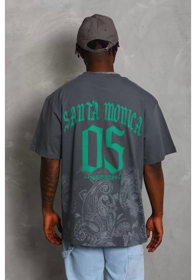 Unisex Oversize Baskılı Bisiklet Yaka T-shirt - Füme Füme