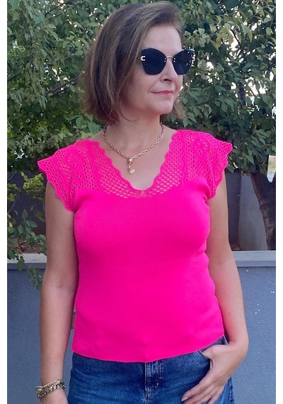 Mia Butik Kadın Pembe Sıfır Kol Ajurlu Triko Bluz Pembe