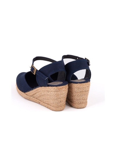 Star Tombis Gerçek Elişi Topuğu Açık Bilekten Bantlı Dolgu Topuk Keten Hasır Kadın Espadril Handmade Lacivert