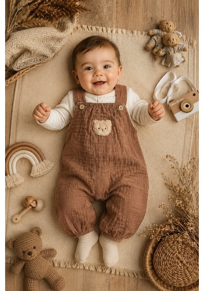 Mnk Baby & Kids Ayıcık Detaylı %100 Pamuk Müslin Erkek Bebek Tulum M00847 Kahverengi