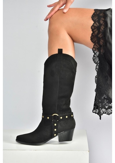 Fox Shoes V820320302 Siyah Süet Kalın Topuklu Kadın Çizme Siyah