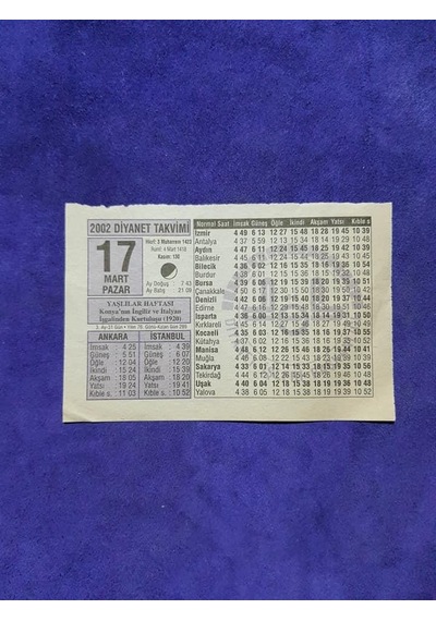17 Mart 2002 Takvim Yaprağı - Nostalji Koleksiyonluk Takvim Yaprağı