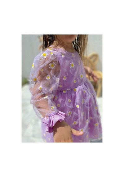 Ketbaby Kız Çocuk Papatya Desenli Uzun Kol Elbise Lila Lila