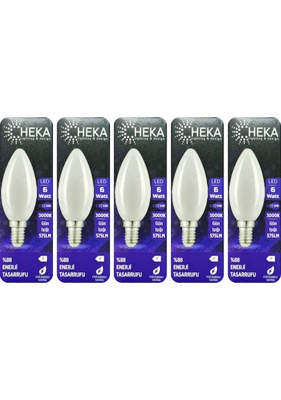 5 Adet Heka 6w 51w 3000k Günışığı E14 Duylu İnce Duy Soft Mum Ampul