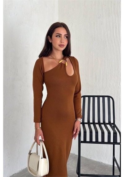 Dip Moda Kadın Likralı Midi Boy Triko Elbise Dpnbk2219 Taba