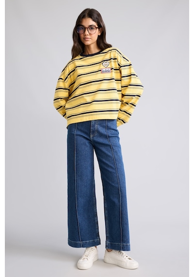 Defacto %100 Pamuk Loose Fıt Bisiklet Yaka Baskılı Çizgili Sweatshirt I2418ax26auyl275 Sarı-yl275