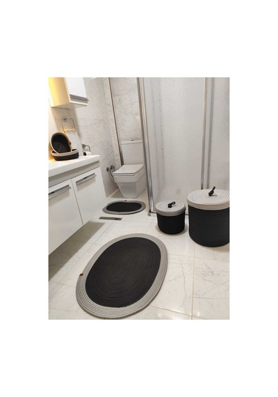 Jüt Hasır 6 Lı Banyo Paspas Takımı Bohem Tarzı Paspas:50x80/ 40x60 /çamaşır Sepet 40x36 ,25x27 Siyah Gri Siyah Gri
