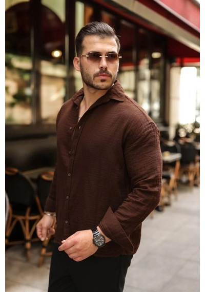 Valensdesign Erkek Rahat Kalıp Pamuklu Müslin Kumaş Gömlek Kahverengi