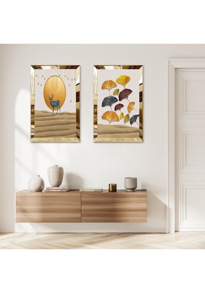Gold Aynalı Pleksi Çerçeveli Soyut Arka Planlı Modern Geğik İkili Mdf Tablo Seti