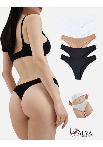 Alya Underwear Kadın Külot Pamuklu String - 5 Adet Siyah Tanga S, M, L, Xl P01