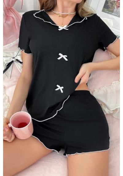 Bella Notte Pamuklu Şortlu Pijama Takımı Siyah