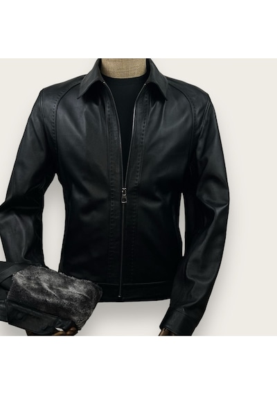 Always Leather Derimont's Hakiki Deri Siyah Düz Cepli Erkek Deri Mont 1803340004 Siyah