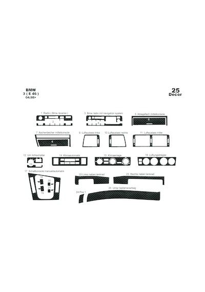 Bmw 3 Seri E46 Konsol-konsol-torpido Kaplama 1998-2004 25 Parça-karbon Karbon